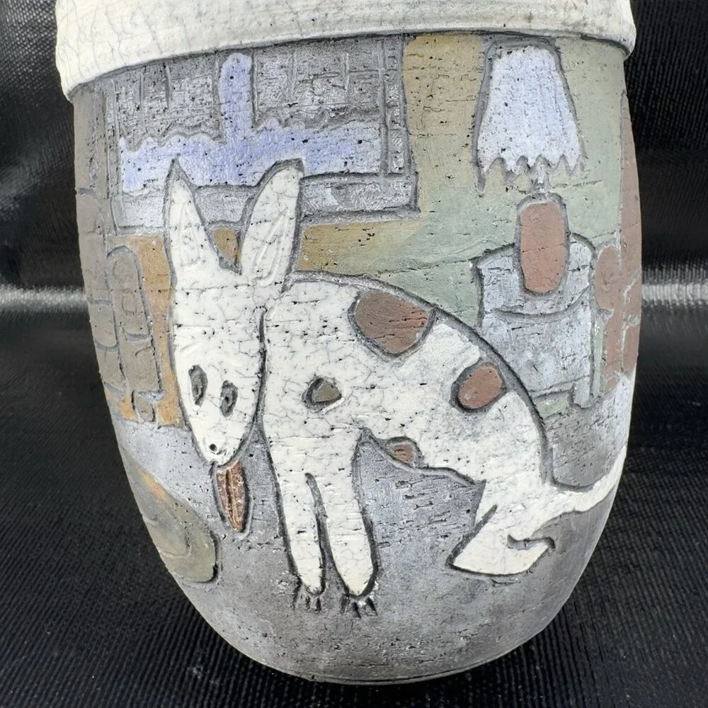 Vintage Hand Made Raku Pottery Large Vase Vessel Dog‎ Fish Couch Signed READ